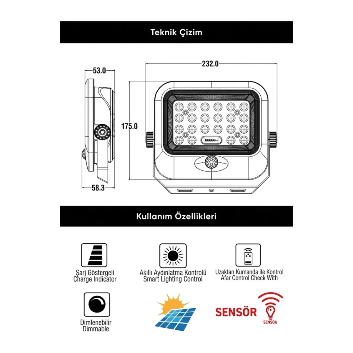 150W LENSLİ SOLAR LED PROJEKTÖR 6500K IP65 - Görsel 4